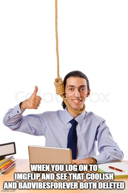 HARD WORKING SUICIDAL DESIGNER | WHEN YOU LOG ON TO IMGFLIP AND SEE THAT COOLISH AND BADVIBESFOREVER BOTH DELETED | image tagged in hard working suicidal designer | made w/ Imgflip meme maker