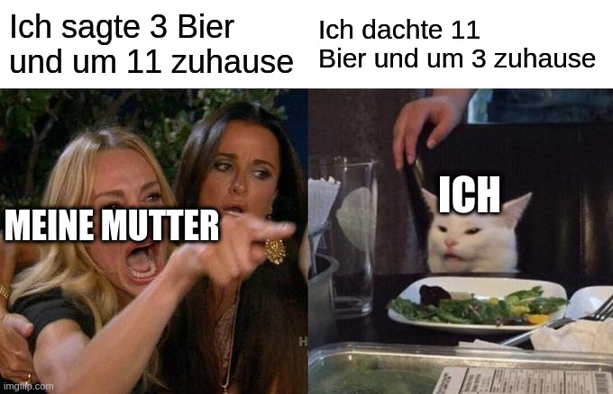 Me, my mom and a few beer in germany |  Ich sagte 3 Bier und um 11 zuhause; Ich dachte 11 Bier und um 3 zuhause; ICH; MEINE MUTTER | image tagged in memes,woman yelling at cat | made w/ Imgflip meme maker