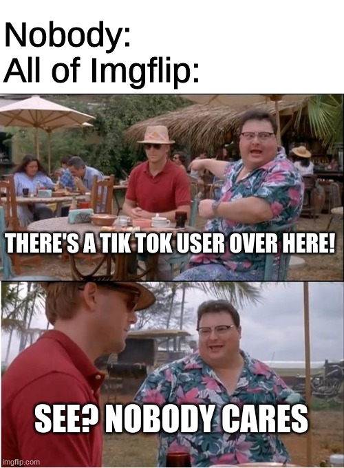Jurassic holy crap who cares about tik tok | Nobody:
All of Imgflip:; THERE'S A TIK TOK USER OVER HERE! SEE? NOBODY CARES | image tagged in memes,see nobody cares | made w/ Imgflip meme maker