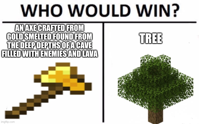 Gold axe vs tree | AN AXE CRAFTED FROM GOLD SMELTED FOUND FROM THE DEEP DEPTHS OF A CAVE FILLED WITH ENEMIES AND LAVA; TREE | image tagged in who would win,minecraft,minecrafter | made w/ Imgflip meme maker