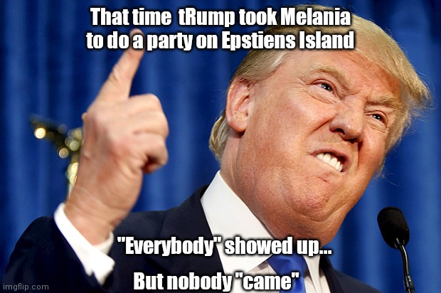 Donald Trump | That time  tRump took Melania to do a party on Epstiens Island; "Everybody" showed up... But nobody "came" | image tagged in donald trump | made w/ Imgflip meme maker