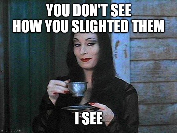 Morticia drinking tea | YOU DON'T SEE HOW YOU SLIGHTED THEM I SEE | image tagged in morticia drinking tea | made w/ Imgflip meme maker