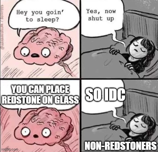 SO IDC | SO IDC; YOU CAN PLACE REDSTONE ON GLASS; NON-REDSTONERS | image tagged in waking up brain,minecraft | made w/ Imgflip meme maker