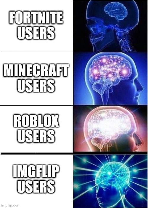 Expanding Brain Meme | FORTNITE USERS; MINECRAFT USERS; ROBLOX USERS; IMGFLIP USERS | image tagged in memes,expanding brain | made w/ Imgflip meme maker