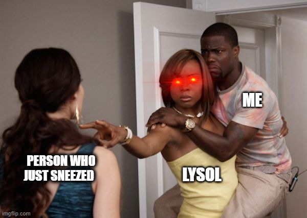 Protected Kevin Hart | ME; PERSON WHO JUST SNEEZED; LYSOL | image tagged in protected kevin hart | made w/ Imgflip meme maker