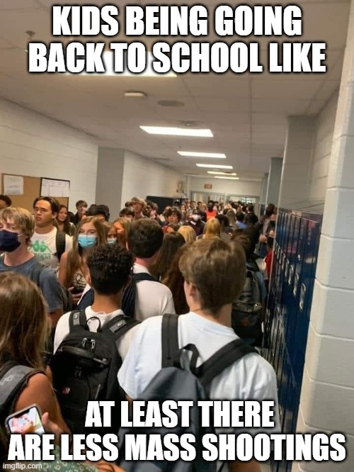 KIDS BEING GOING BACK TO SCHOOL LIKE; AT LEAST THERE ARE LESS MASS SHOOTINGS | image tagged in school | made w/ Imgflip meme maker