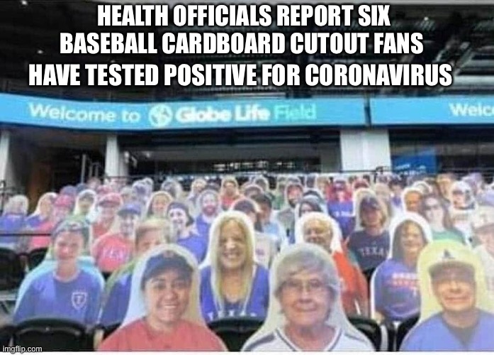 New report released today of new cases | HEALTH OFFICIALS REPORT SIX BASEBALL CARDBOARD CUTOUT FANS; HAVE TESTED POSITIVE FOR CORONAVIRUS | image tagged in baseball cardboard cutout people,baseball,fans,fake news,memes,why | made w/ Imgflip meme maker