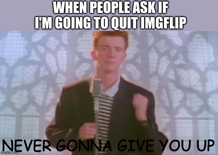 Never gonna give you up | WHEN PEOPLE ASK IF I'M GOING TO QUIT IMGFLIP; NEVER GONNA GIVE YOU UP | image tagged in never gonna give you up | made w/ Imgflip meme maker
