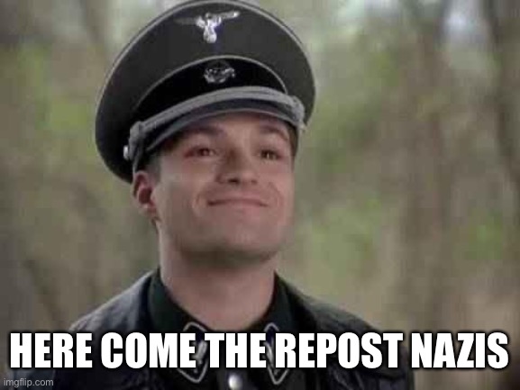 grammar nazi | HERE COME THE REPOST NAZIS | image tagged in grammar nazi | made w/ Imgflip meme maker