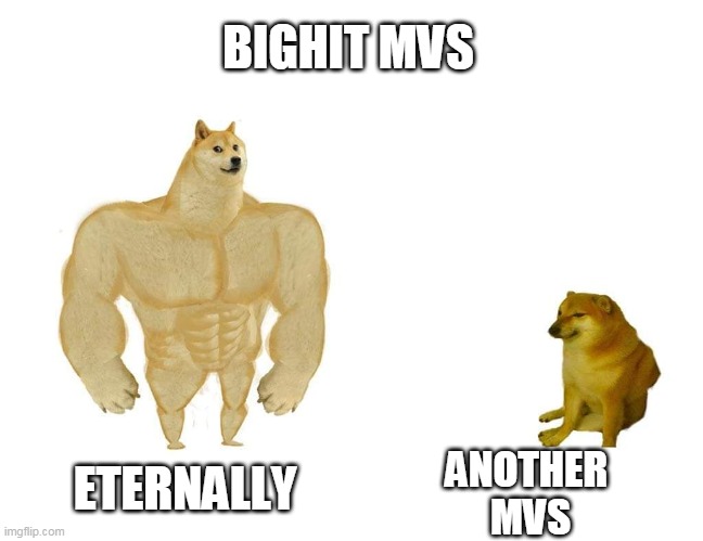 It's so long you know | BIGHIT MVS; ETERNALLY; ANOTHER 
MVS | image tagged in doggo and cheems | made w/ Imgflip meme maker