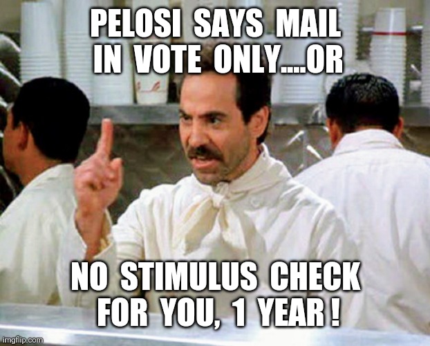 Mail In Ballot Vote, Or Else! | PELOSI  SAYS  MAIL  IN  VOTE  ONLY....OR; NO  STIMULUS  CHECK  FOR  YOU,  1  YEAR ! | image tagged in pelosi,ballot,vote,mail,2020,stimulus | made w/ Imgflip meme maker