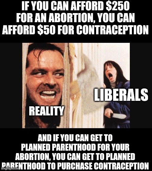 Liberals: making excuses since roe v wade | IF YOU CAN AFFORD $250 FOR AN ABORTION, YOU CAN AFFORD $50 FOR CONTRACEPTION; LIBERALS; REALITY; AND IF YOU CAN GET TO PLANNED PARENTHOOD FOR YOUR ABORTION, YOU CAN GET TO PLANNED PARENTHOOD TO PURCHASE CONTRACEPTION | image tagged in here's johnny | made w/ Imgflip meme maker