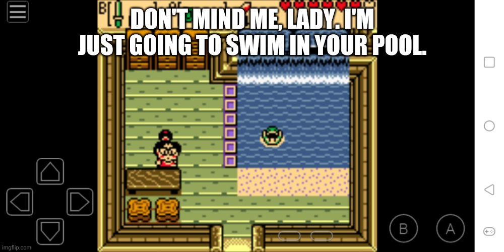 DON'T MIND ME, LADY. I'M JUST GOING TO SWIM IN YOUR POOL. | image tagged in the legend of zelda,pool,zelda,nintendo,video games | made w/ Imgflip meme maker