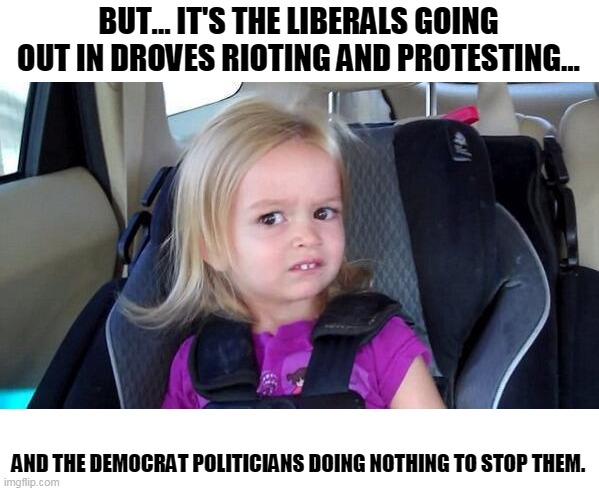 wtf girl | BUT... IT'S THE LIBERALS GOING OUT IN DROVES RIOTING AND PROTESTING... AND THE DEMOCRAT POLITICIANS DOING NOTHING TO STOP THEM. | image tagged in wtf girl | made w/ Imgflip meme maker