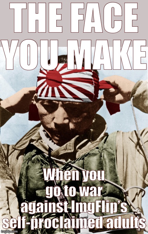 Don’t go to war. Let me do it. | THE FACE YOU MAKE; When you go to war against ImgFlip’s self-proclaimed adults | image tagged in kamikaze,adult,adults,imgflip,meanwhile on imgflip,imgflip community | made w/ Imgflip meme maker