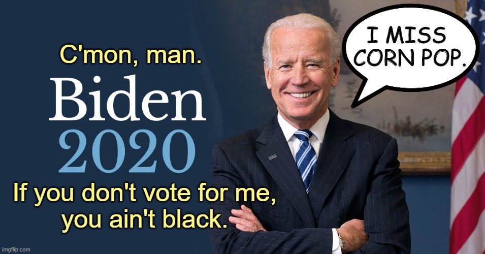 Only 27 Democrats run and you end up with this hot mess. | I MISS 
CORN POP. C'mon, man. If you don't vote for me,
you ain't black. | image tagged in biden for president,election 2020,blm,trump,democratic party | made w/ Imgflip meme maker