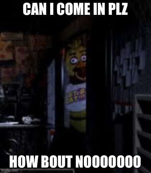 Chica Looking In Window FNAF | CAN I COME IN PLZ; HOW BOUT NOOOOOOO | image tagged in chica looking in window fnaf | made w/ Imgflip meme maker