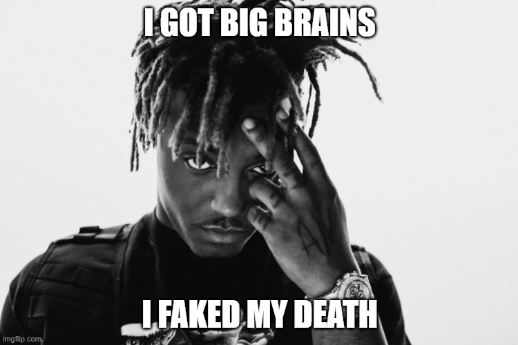 Juice wrld | I GOT BIG BRAINS; I FAKED MY DEATH | image tagged in rapper | made w/ Imgflip meme maker