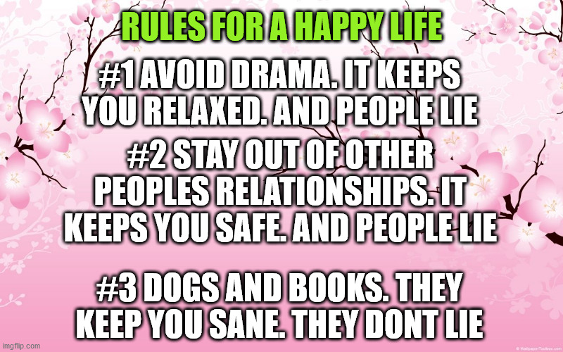 Stay Happy | RULES FOR A HAPPY LIFE; #1 AVOID DRAMA. IT KEEPS YOU RELAXED. AND PEOPLE LIE; #2 STAY OUT OF OTHER PEOPLES RELATIONSHIPS. IT KEEPS YOU SAFE. AND PEOPLE LIE; #3 DOGS AND BOOKS. THEY KEEP YOU SANE. THEY DONT LIE | image tagged in cherry blossom | made w/ Imgflip meme maker