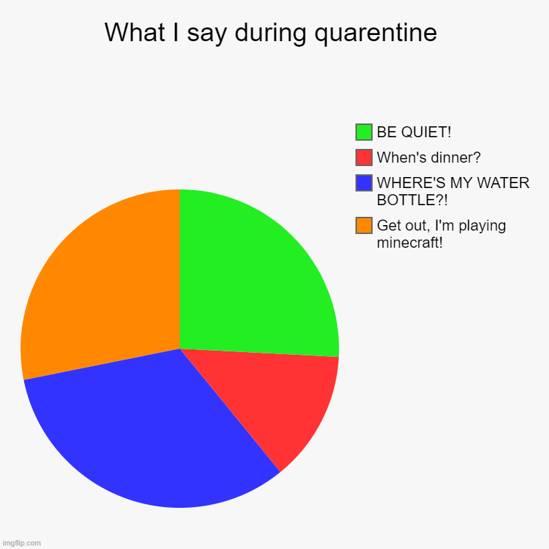 What I say during quarentine | Get out, I'm playing minecraft!, WHERE'S MY WATER BOTTLE?!, When's dinner?, BE QUIET! | image tagged in charts,pie charts | made w/ Imgflip chart maker