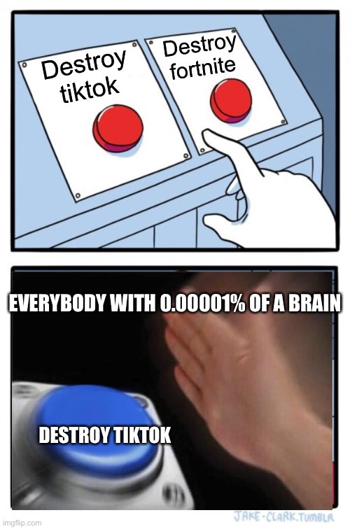 Two Buttons | Destroy fortnite; Destroy tiktok; EVERYBODY WITH 0.00001% OF A BRAIN; DESTROY TIKTOK | image tagged in memes,two buttons | made w/ Imgflip meme maker