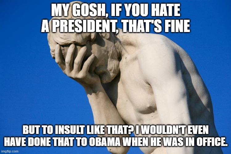 Embarrassed statue  | MY GOSH, IF YOU HATE A PRESIDENT, THAT'S FINE BUT TO INSULT LIKE THAT? I WOULDN'T EVEN HAVE DONE THAT TO OBAMA WHEN HE WAS IN OFFICE. | image tagged in embarrassed statue | made w/ Imgflip meme maker