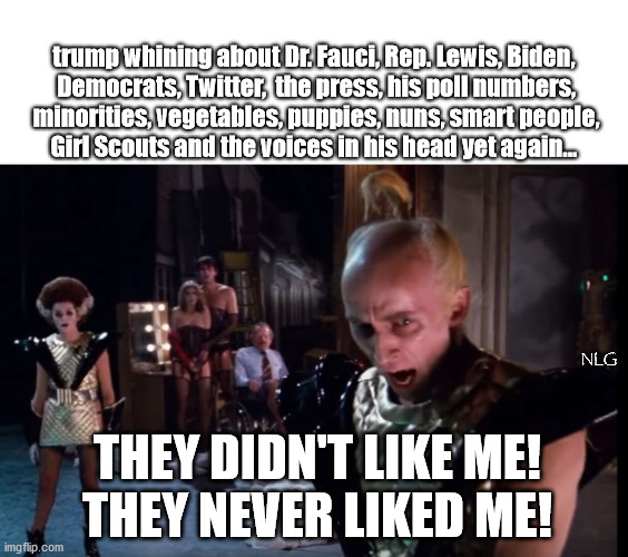 Let's do the Whine Warp again. | trump whining about Dr. Fauci, Rep. Lewis, Biden,
 Democrats, Twitter,  the press, his poll numbers,
 minorities, vegetables, puppies, nuns, smart people,
 Girl Scouts and the voices in his head yet again... NLG; THEY DIDN'T LIKE ME!
 THEY NEVER LIKED ME! | image tagged in politics,political meme,political,political humor | made w/ Imgflip meme maker