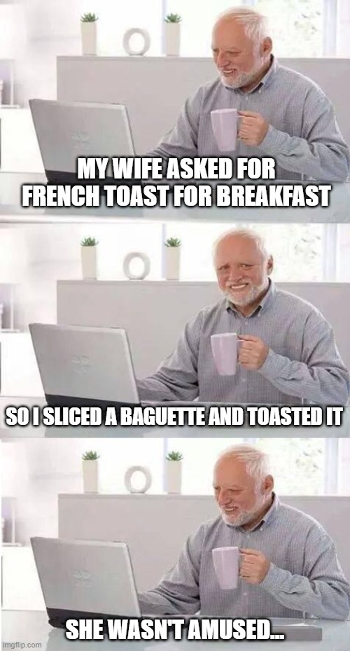 Technically I made french toast though! I don't know why she was mad... | MY WIFE ASKED FOR FRENCH TOAST FOR BREAKFAST; SO I SLICED A BAGUETTE AND TOASTED IT; SHE WASN'T AMUSED... | image tagged in on second thought harold,french toast,lol | made w/ Imgflip meme maker