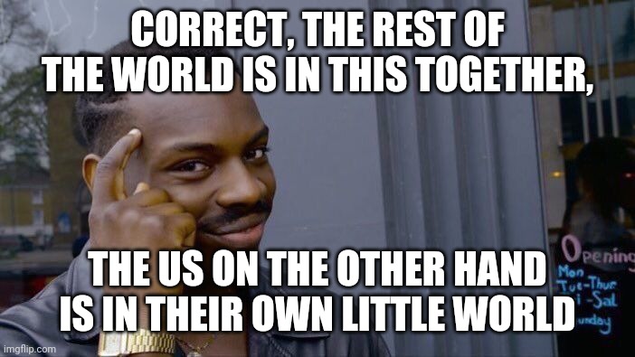 Roll Safe Think About It Meme | CORRECT, THE REST OF THE WORLD IS IN THIS TOGETHER, THE US ON THE OTHER HAND IS IN THEIR OWN LITTLE WORLD | image tagged in memes,roll safe think about it | made w/ Imgflip meme maker