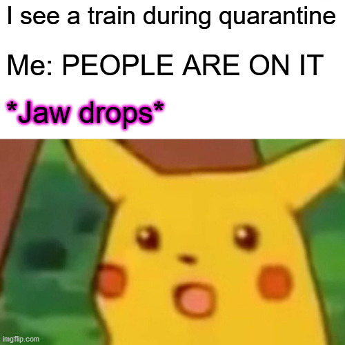 Surprised Pikachu | I see a train during quarantine; Me: PEOPLE ARE ON IT; *Jaw drops* | image tagged in memes,surprised pikachu | made w/ Imgflip meme maker