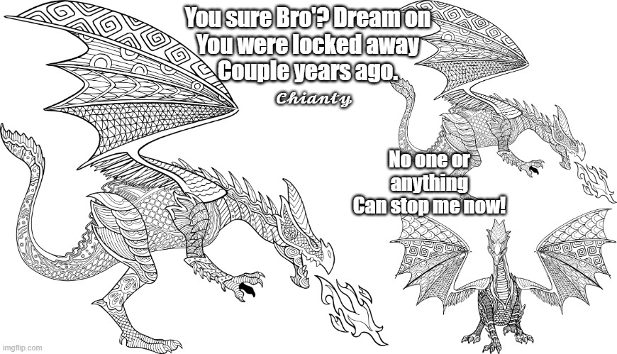 You never know | You sure Bro'? Dream on
You were locked away
Couple years ago. 𝓒𝓱𝓲𝓪𝓷𝓽𝔂; No one or anything
Can stop me now! | image tagged in dragons | made w/ Imgflip meme maker