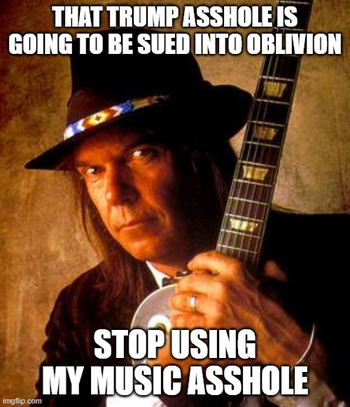 Stealing IP... just another theft by bunker baby | THAT TRUMP ASSHOLE IS GOING TO BE SUED INTO OBLIVION; STOP USING MY MUSIC ASSHOLE | image tagged in neil young | made w/ Imgflip meme maker