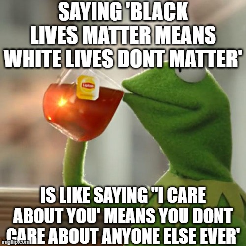 anyone who thinks blm is about culling white people is lying plain and simple | SAYING 'BLACK LIVES MATTER MEANS WHITE LIVES DONT MATTER'; IS LIKE SAYING ''I CARE ABOUT YOU' MEANS YOU DONT CARE ABOUT ANYONE ELSE EVER' | image tagged in memes,but that's none of my business,kermit the frog,blm | made w/ Imgflip meme maker