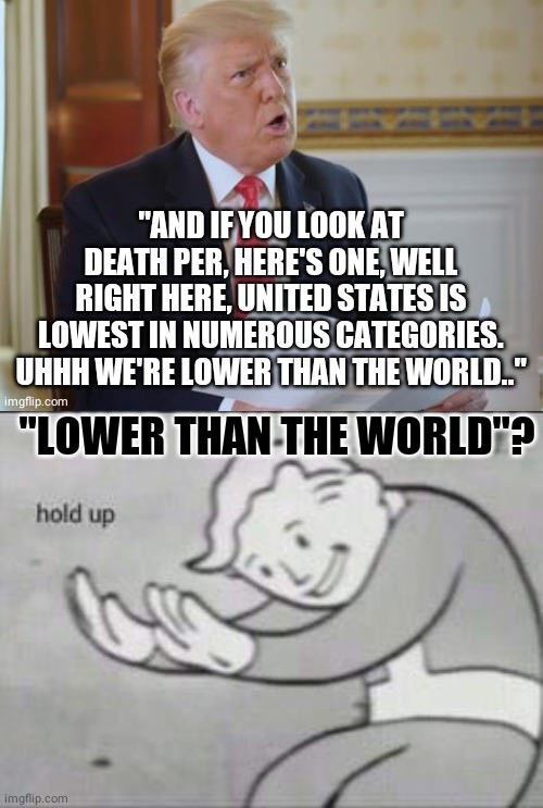 "LOWER THAN THE WORLD"? | image tagged in fallout hold up | made w/ Imgflip meme maker