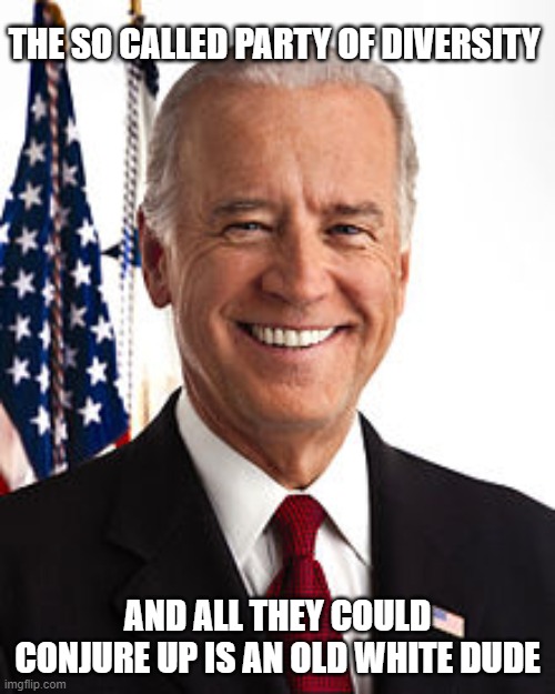 Joe Biden Meme | THE SO CALLED PARTY OF DIVERSITY; AND ALL THEY COULD CONJURE UP IS AN OLD WHITE DUDE | image tagged in memes,joe biden | made w/ Imgflip meme maker