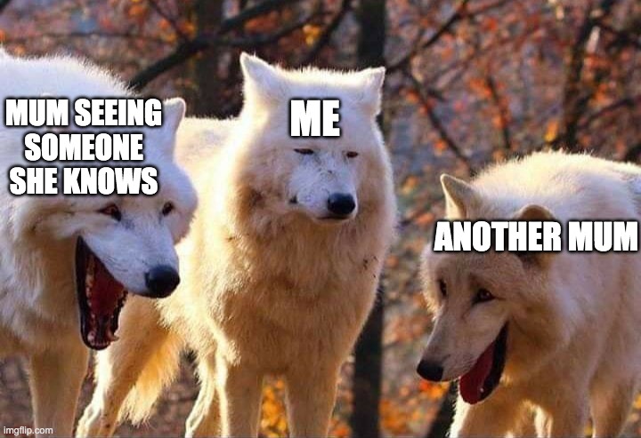 That one annoying moment when shopping with your mum. | ME; MUM SEEING SOMEONE SHE KNOWS; ANOTHER MUM | image tagged in laughing wolf | made w/ Imgflip meme maker