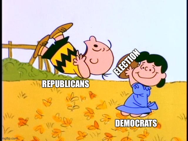 2020 Season | ELECTION; REPUBLICANS; DEMOCRATS | image tagged in lucy and charlie brown,2020 elections,sports,season | made w/ Imgflip meme maker