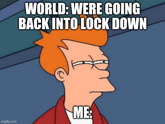 Me When I saw the news | WORLD: WERE GOING BACK INTO LOCK DOWN; ME: | image tagged in memes,futurama fry | made w/ Imgflip meme maker