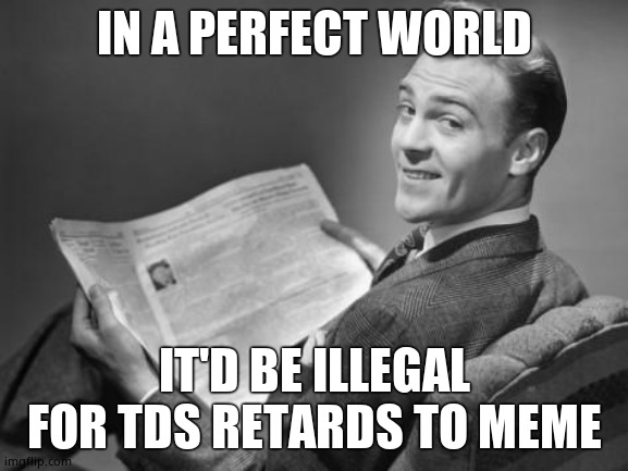 50's newspaper | IN A PERFECT WORLD IT'D BE ILLEGAL FOR TDS RETARDS TO MEME | image tagged in 50's newspaper | made w/ Imgflip meme maker
