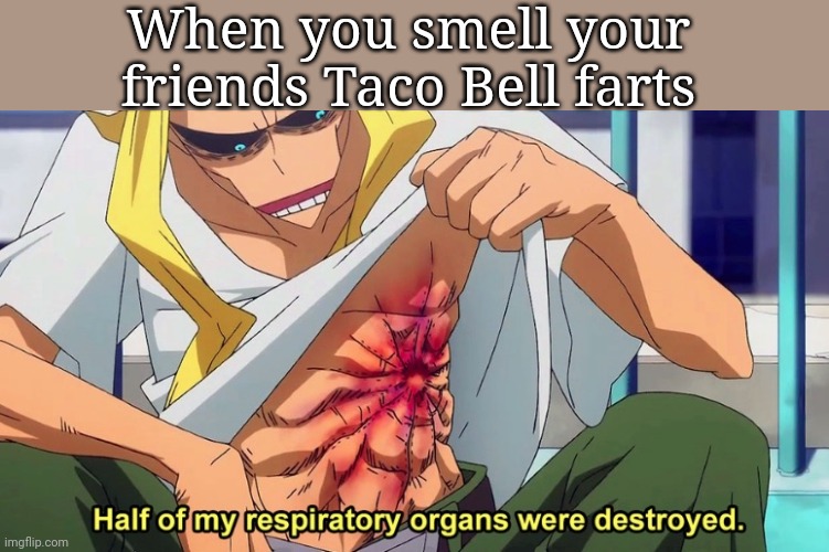 Half of my respiratory organs were destroyed | When you smell your friends Taco Bell farts | image tagged in half of my respiratory organs were destroyed | made w/ Imgflip meme maker