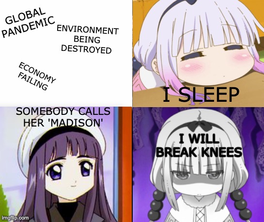 Kanna Knows What's Up... ish... | ENVIRONMENT
BEING
DESTROYED; GLOBAL
PANDEMIC; ECONOMY
FAILING; I SLEEP; SOMEBODY CALLS HER 'MADISON'; I WILL
BREAK KNEES | image tagged in memes,anime,dragon,maid,sakura | made w/ Imgflip meme maker