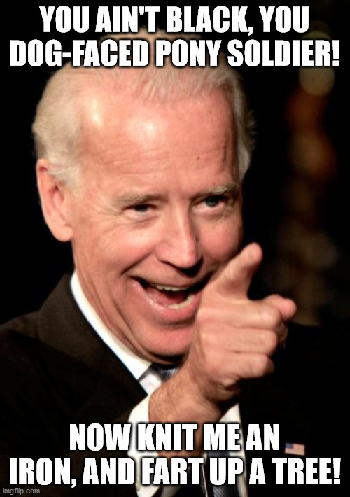 Smilin Biden Meme | YOU AIN'T BLACK, YOU DOG-FACED PONY SOLDIER! NOW KNIT ME AN IRON, AND FART UP A TREE! | image tagged in memes,smilin biden | made w/ Imgflip meme maker