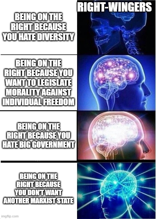 Being on the right because... | RIGHT-WINGERS; BEING ON THE RIGHT BECAUSE YOU HATE DIVERSITY; BEING ON THE RIGHT BECAUSE YOU WANT TO LEGISLATE MORALITY AGAINST INDIVIDUAL FREEDOM; BEING ON THE RIGHT BECAUSE YOU HATE BIG GOVERNMENT; BEING ON THE RIGHT BECAUSE YOU DON'T WANT ANOTHER MARXIST STATE | image tagged in memes,expanding brain,right,libertarian,marxism,big government | made w/ Imgflip meme maker