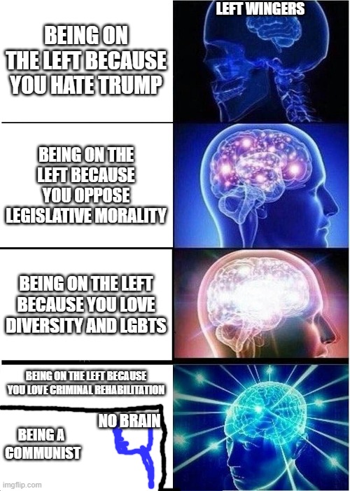 Being on the left because... | LEFT WINGERS; BEING ON THE LEFT BECAUSE YOU HATE TRUMP; BEING ON THE LEFT BECAUSE YOU OPPOSE LEGISLATIVE MORALITY; BEING ON THE LEFT BECAUSE YOU LOVE DIVERSITY AND LGBTS; BEING ON THE LEFT BECAUSE YOU LOVE CRIMINAL REHABILITATION; BEING A 
COMMUNIST; NO BRAIN | image tagged in memes,expanding brain,leftists,communism,lgbt,trump | made w/ Imgflip meme maker