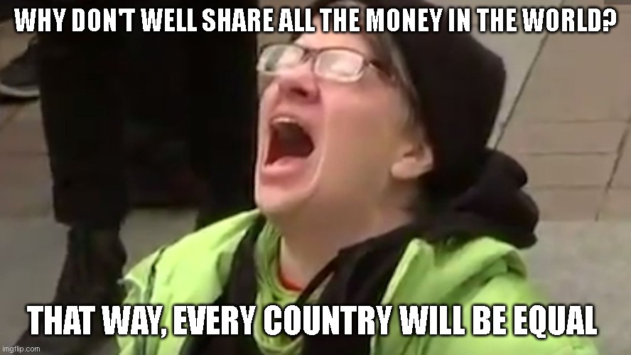 Idk im bored | WHY DON'T WELL SHARE ALL THE MONEY IN THE WORLD? THAT WAY, EVERY COUNTRY WILL BE EQUAL | image tagged in screaming liberal,share,money,world | made w/ Imgflip meme maker
