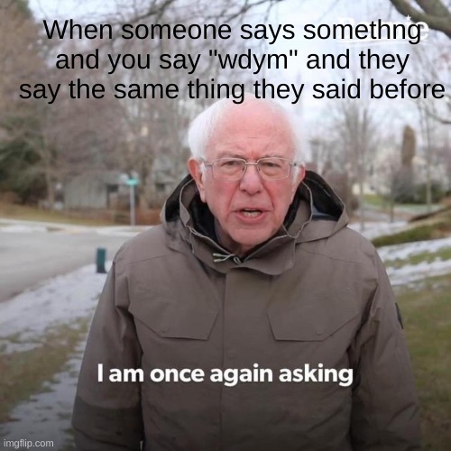 Bernie I Am Once Again Asking For Your Support | When someone says somethng and you say "wdym" and they say the same thing they said before | image tagged in memes,bernie i am once again asking for your support | made w/ Imgflip meme maker