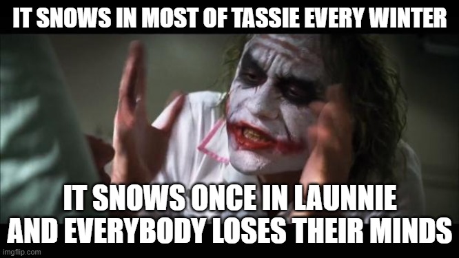 Snow in Launceston TAS | IT SNOWS IN MOST OF TASSIE EVERY WINTER; IT SNOWS ONCE IN LAUNNIE AND EVERYBODY LOSES THEIR MINDS | image tagged in memes,and everybody loses their minds | made w/ Imgflip meme maker