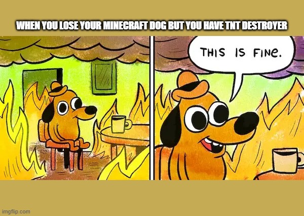 wowy | WHEN YOU LOSE YOUR MINECRAFT DOG BUT YOU HAVE TNT DESTROYER | image tagged in doggo this is fine | made w/ Imgflip meme maker