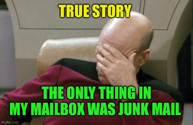 Captain Picard Facepalm Meme | TRUE STORY THE ONLY THING IN MY MAILBOX WAS JUNK MAIL | image tagged in memes,captain picard facepalm | made w/ Imgflip meme maker