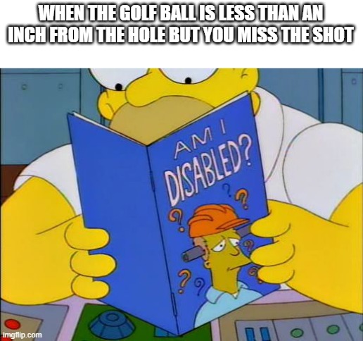A very avoidable mistake in golf | WHEN THE GOLF BALL IS LESS THAN AN INCH FROM THE HOLE BUT YOU MISS THE SHOT | image tagged in am i disabled | made w/ Imgflip meme maker